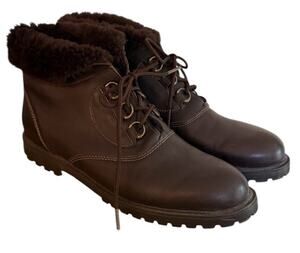 La Canadianne Brown Shearling Lined Leather Ankle Boots Lace Up Lug Sole Sz 9N
